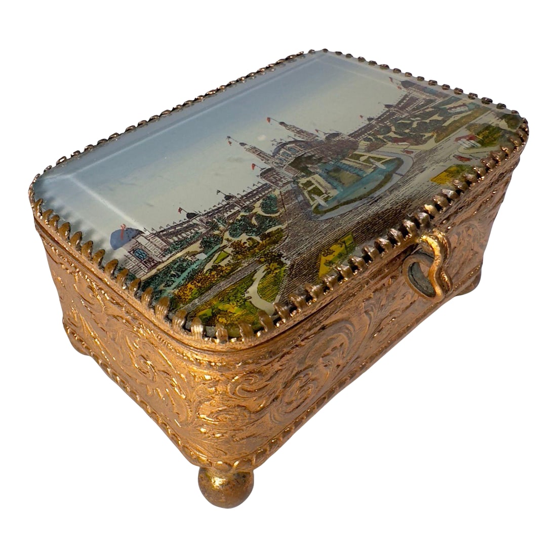 Antique Paris Trocadéro Palace Souvenir Jewelry Box, Gilt Brass & Beveled Glass, C. 1890–: A refined antique French souvenir jewelry box dating to the late 19th century, crafted in gilt brass and topped with a beveled glass panel depicting the Palais du Trocadéro in Paris. The