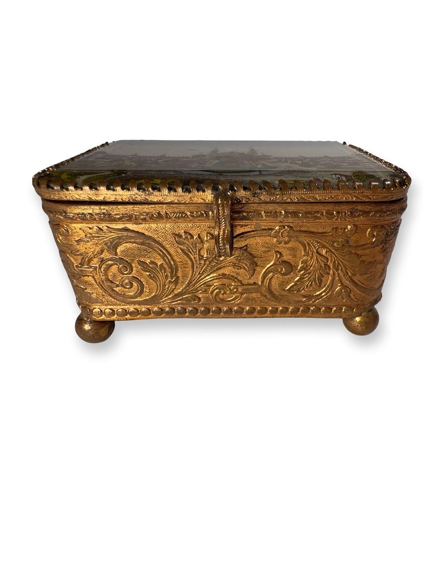Antique Paris Trocadéro Palace Souvenir Jewelry Box, Gilt Brass & Beveled Glass, C. 1890– - 2