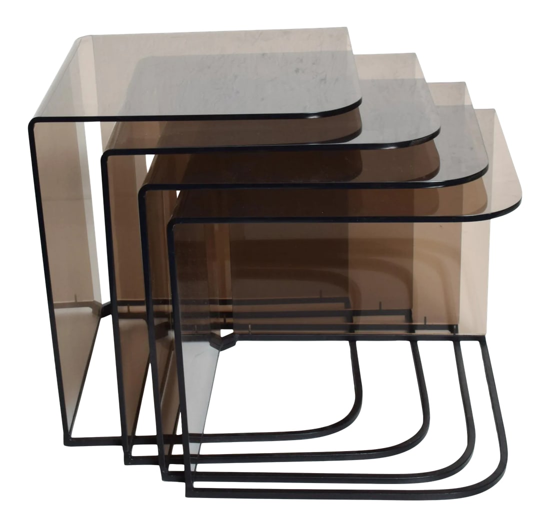 1970s Style Charles Hollis Jones Smoke Iron Lucite Nesting Tables Set of 4: For your consideration, 1970s Set of four (4) Nesting Tables Satin Black Metal Iron frame with Smokey Gray Lucite Plexiglass. Made in the USA 1970s. No label. Style of Charles Hollis Jones. Dimensions