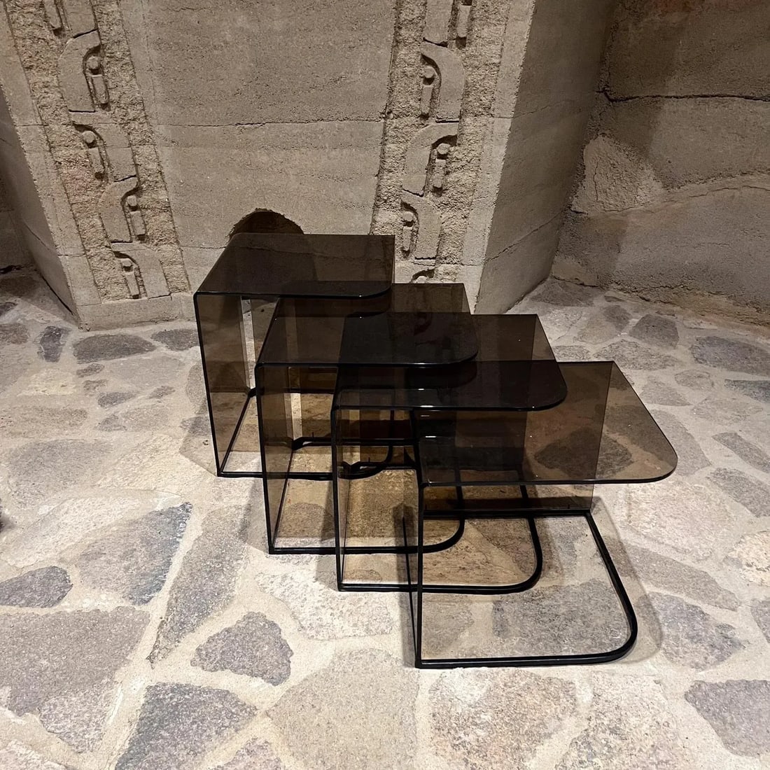 1970s Style Charles Hollis Jones Smoke Iron Lucite Nesting Tables Set of 4 - 2