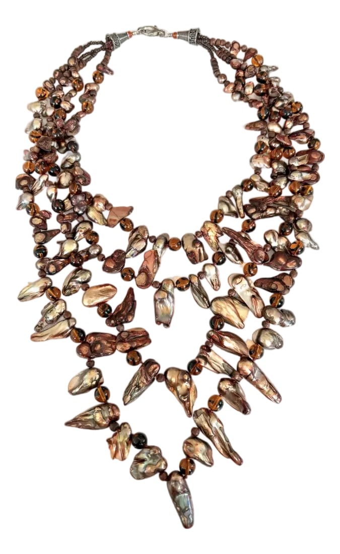 Vintage Multi-Stand Freshwater Pearl Bib Style Beaded Necklace: Stunning and unique vintage multi strand fresh water pearl necklace. Bib style. Condition: Alterations: Original Condition Unaltered Imperfections: Some Imperfections Condition Notes: Great condition
