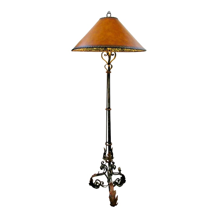 1920s French Art Deco Wrought Iron Scrollwork and Leaves Tripod Floor Lamp and Shade: The French Art Deco Wrought Iron Scrollwork and Leaves Tripod Base Floor Lamp is a large, antique original piece dating back to the 1920s. Made of black wrought iron in the Art Deco style, this floor