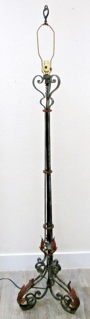 1920s French Art Deco Wrought Iron Scrollwork and Leaves Tripod Floor Lamp and Shade - 2