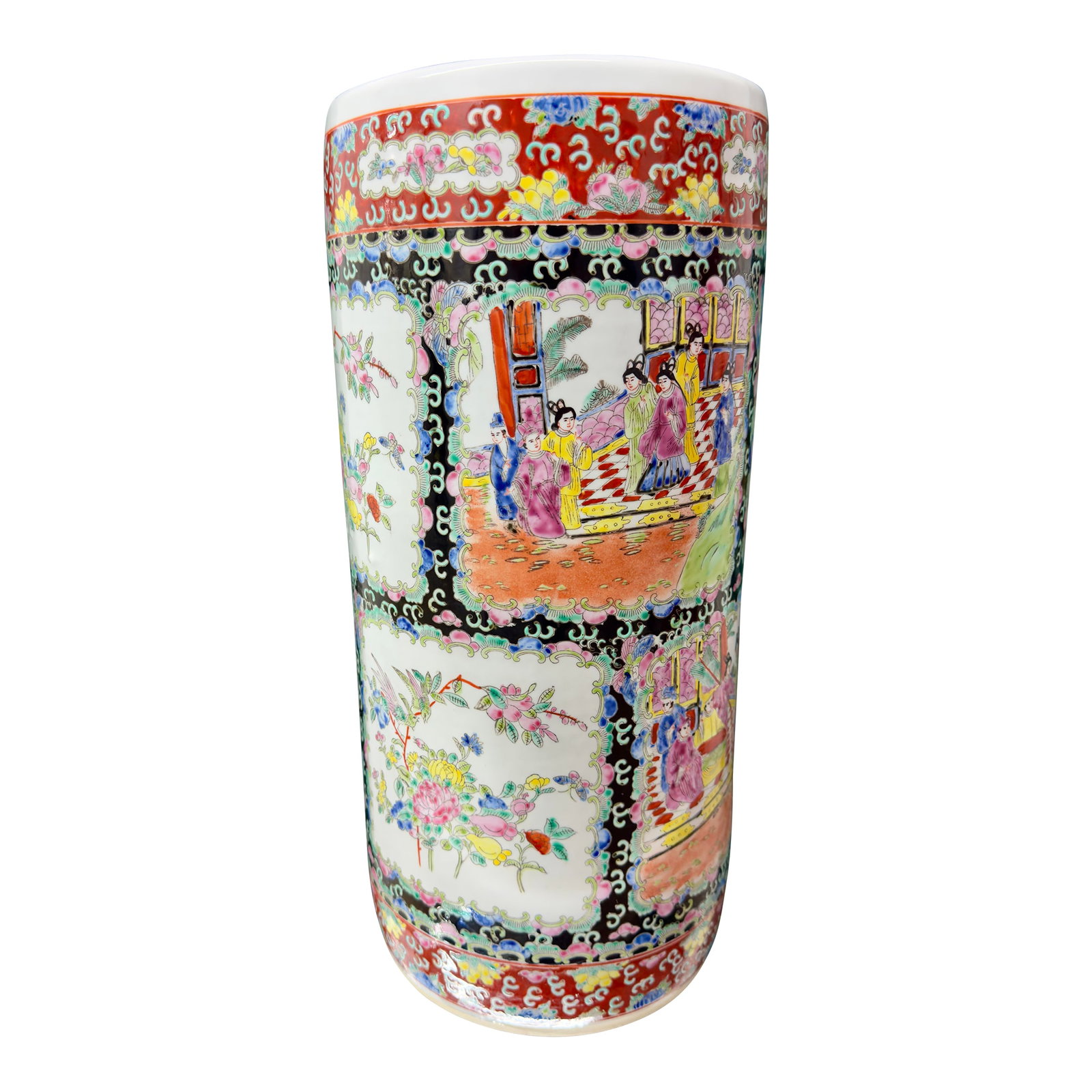 1970s Chinouserie Famille Rose Noire Porcelain Umbrella Stand: This bespoke Turtle and Crane curation is a dramatic Black Ground (Noir) Famille Rose masterpiece, presenting a rare and cinematic twist on traditional Chinoiserie. Unlike common white-ground