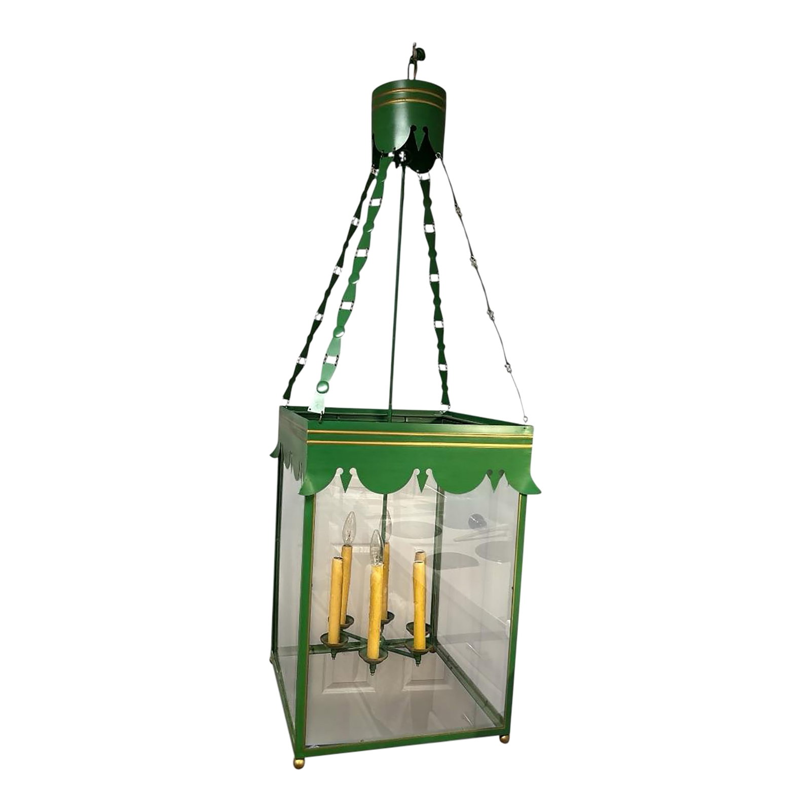 Contemporary Large Green Lantern: Fabulous large green lantern. If you are looking for a fun statement piece for your entryway, this is it. A 6 arm chandelier encased in a rectangular frame. The frame is painted green with gold