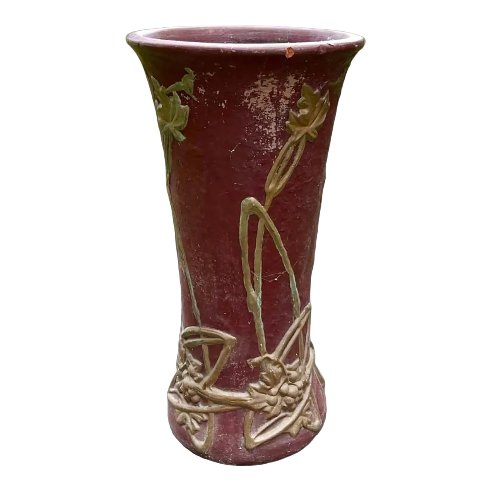 1900s Large Peters & Reed Moss Aztec Red and Gold Glazed Ceramic Umbrella Stand, Signed: Peters and Reed, the Moss Aztec umbrella stand boasts a stunning glazed red brick finish adorned with a delicate gold vine motif. Measuring at 11.5 inches in length and 23.5 inches in height, it is a