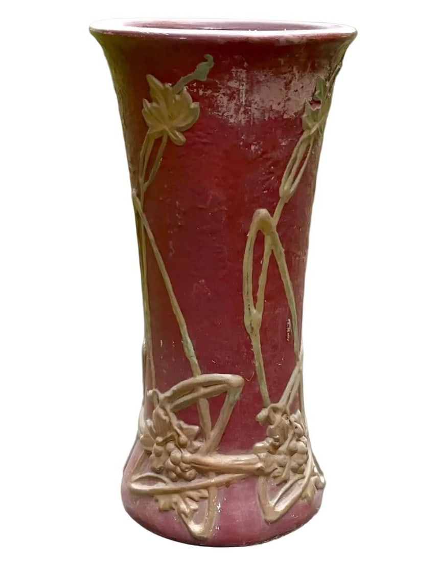 1900s Large Peters & Reed Moss Aztec Red and Gold Glazed Ceramic Umbrella Stand, Signed - 3