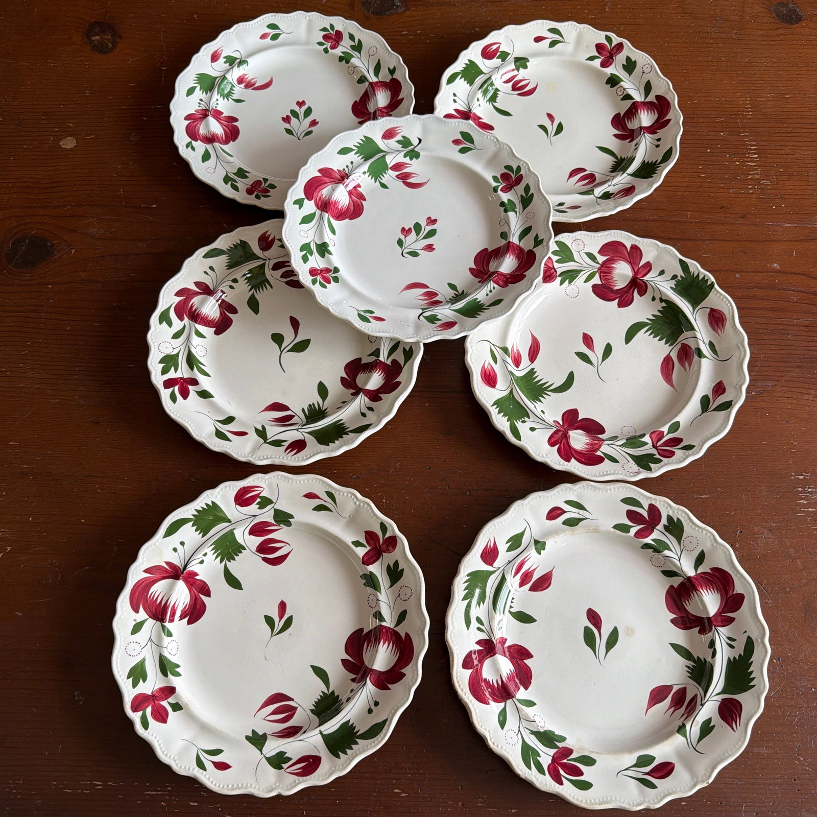 A Very Nice Set of 7 of Antique Staffordshire Early Adam's Rose Plates, Circa 1830 - 12
