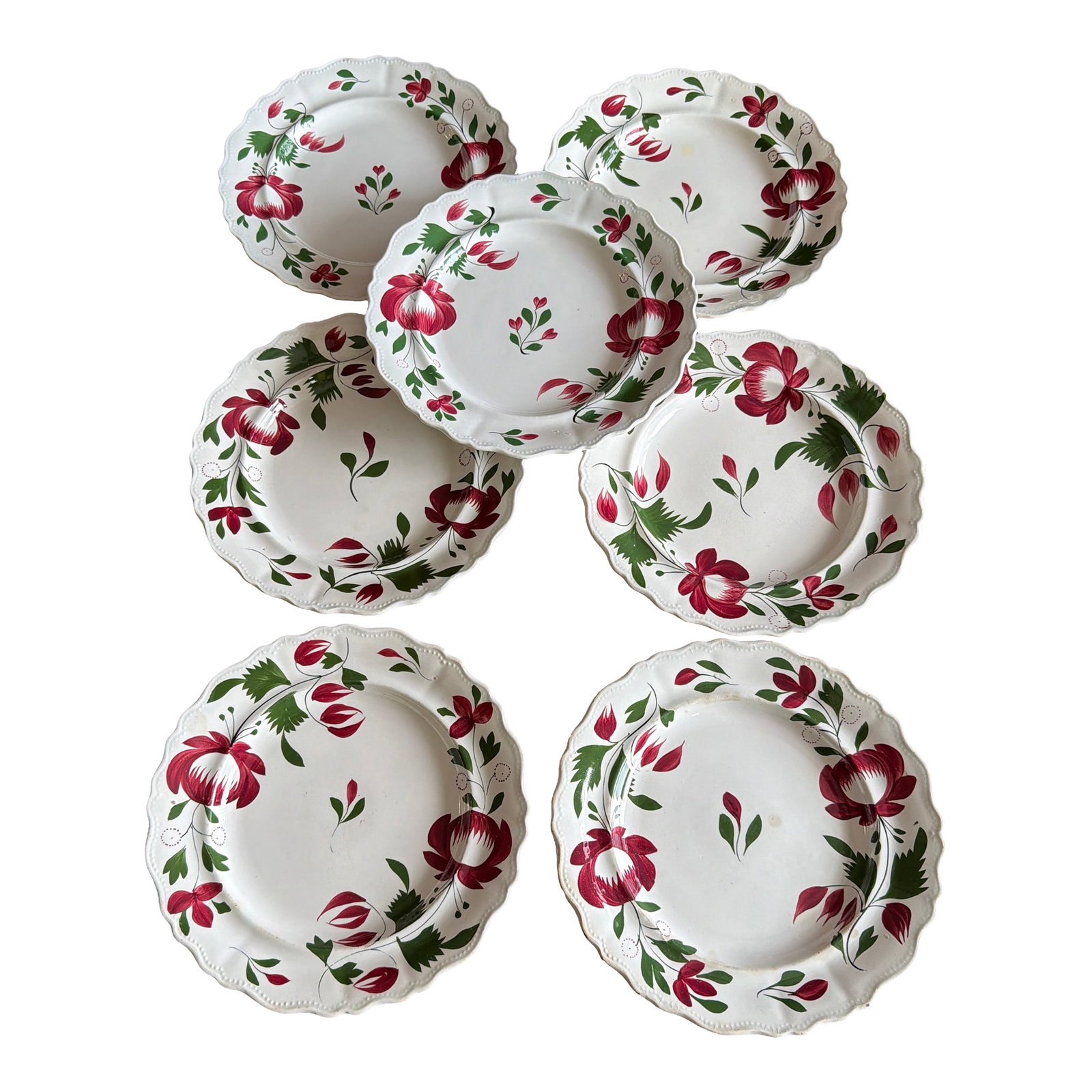 A Very Nice Set of 7 of Antique Staffordshire Early Adam's Rose Plates, Circa 1830: A Very Nice Set of 7 of Antique Staffordshire Early Adam's Rose Plates, Circa 1830 Most likely made by William Adams & Sons, circa 1830's William Adams & Sons were manufacturers of earthenware, Basalt