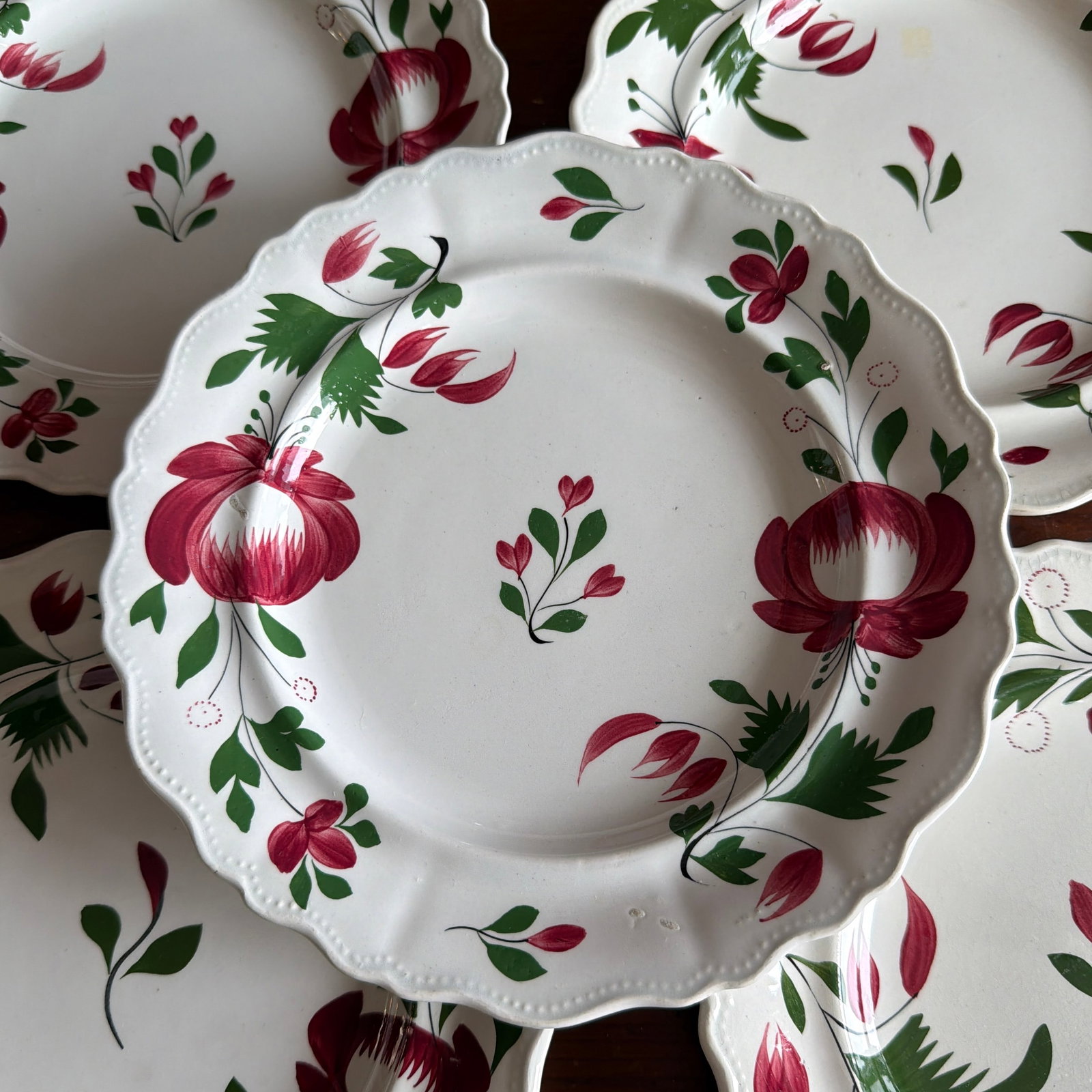 A Very Nice Set of 7 of Antique Staffordshire Early Adam's Rose Plates, Circa 1830 - 2