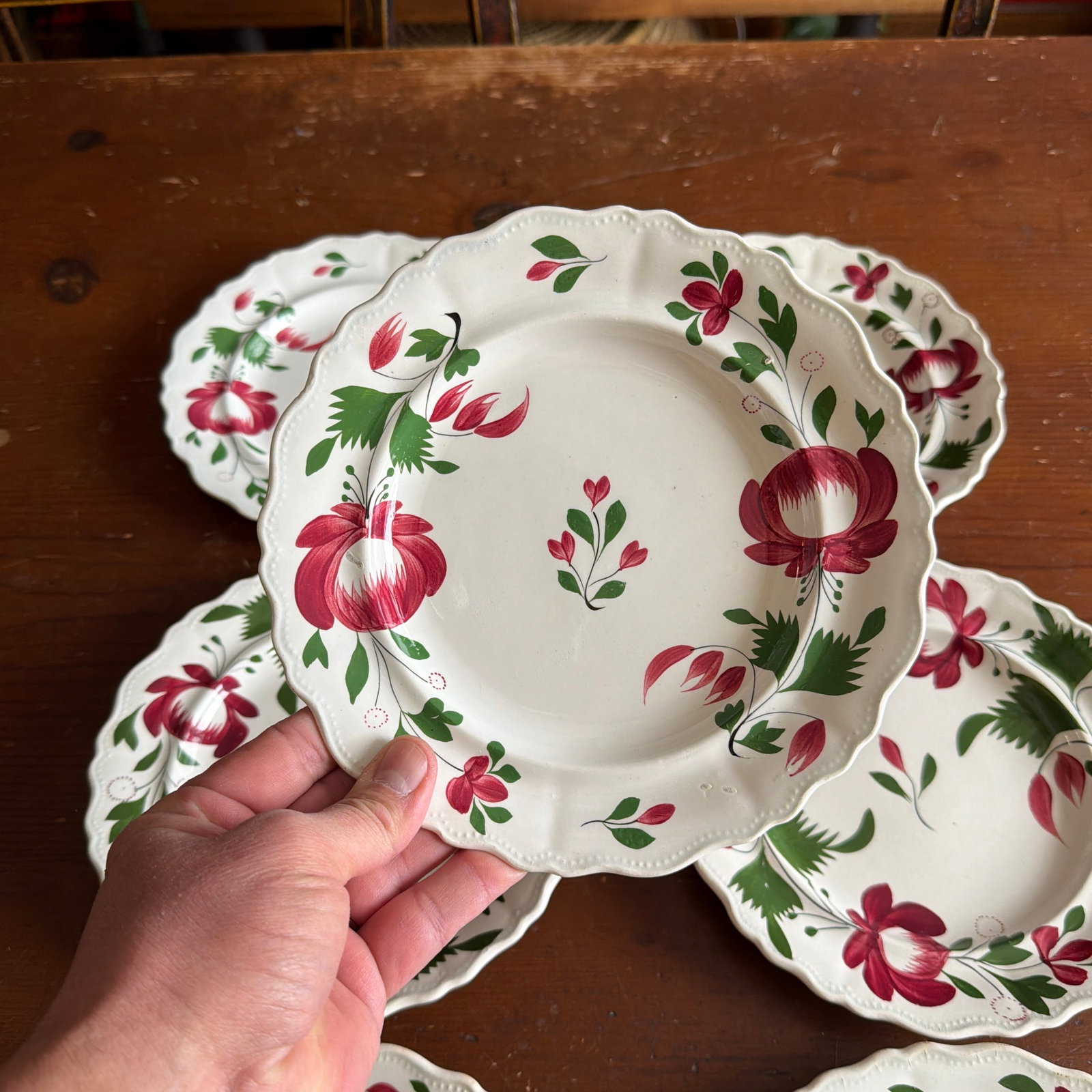 A Very Nice Set of 7 of Antique Staffordshire Early Adam's Rose Plates, Circa 1830 - 3