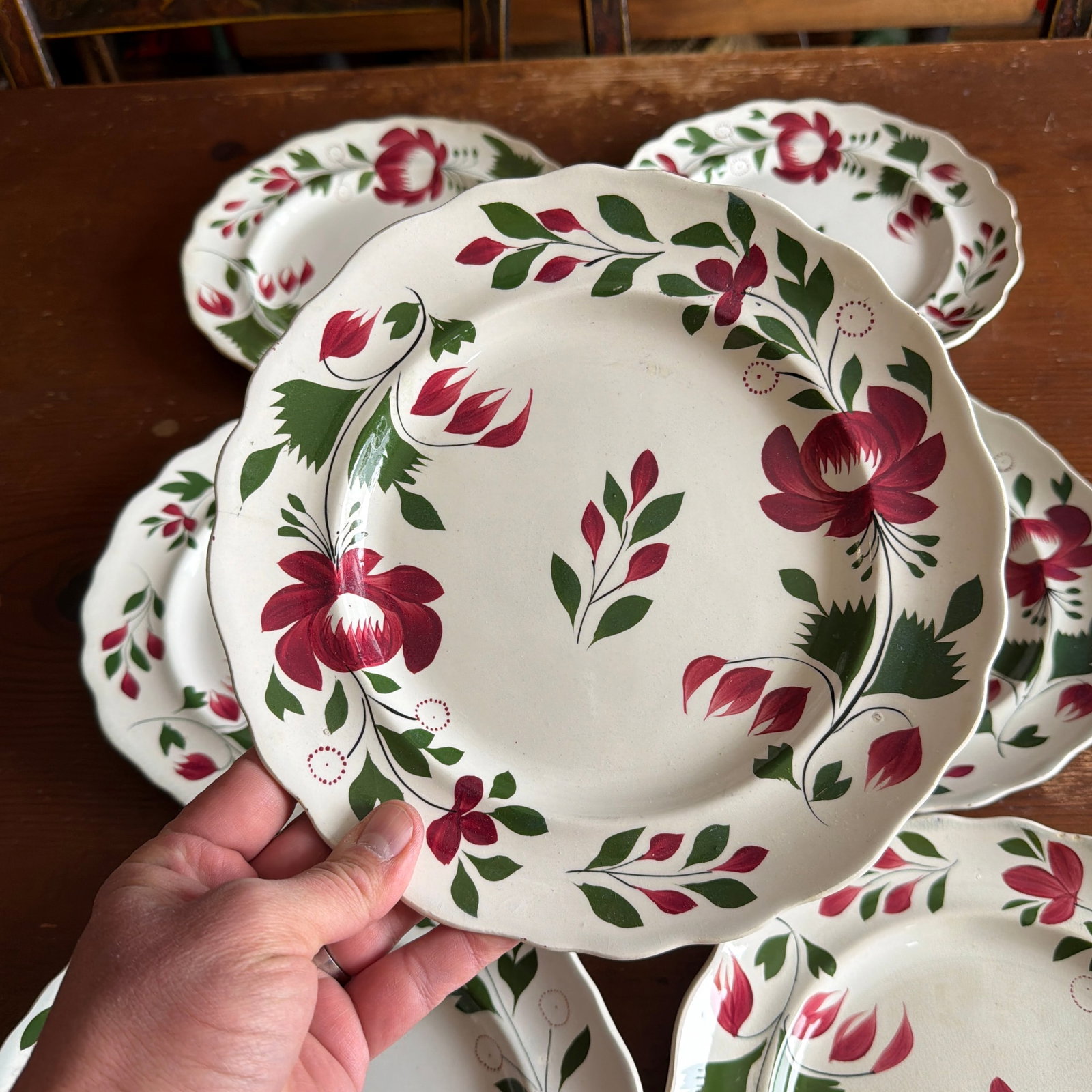 A Very Nice Set of 7 of Antique Staffordshire Early Adam's Rose Plates, Circa 1830 - 10
