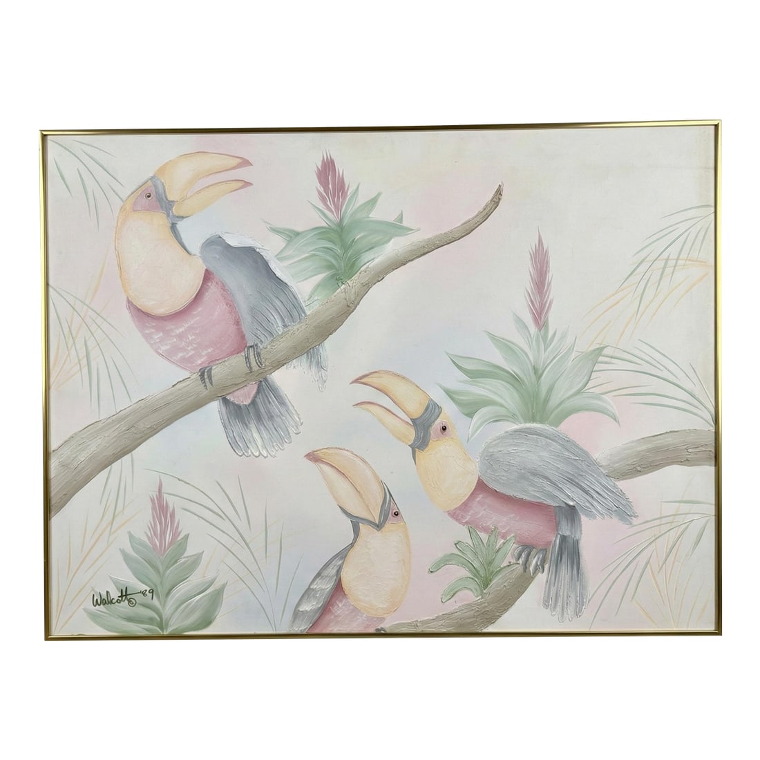 1989 Palm Beach Regency Monumental Toucan Painting by Walcott: This bespoke Turtle and Crane find is a pristine, hand-painted tribute to the optimism of 1980s coastal design. Unlike mass-produced prints from the era, this is an original 1989 acrylic on canvas by