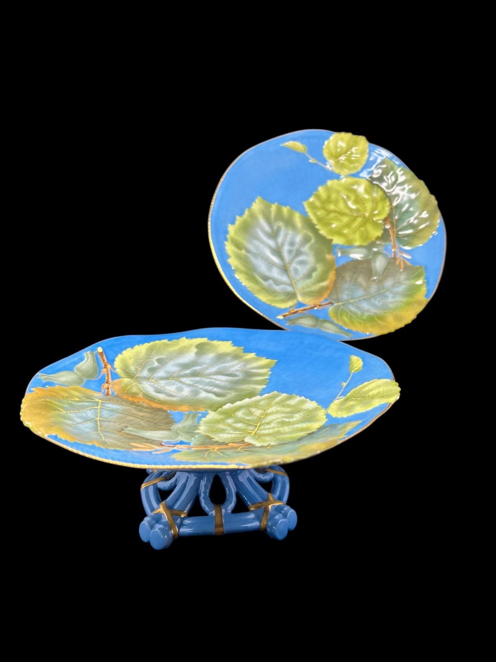 Pair of Italian Renata Depose Metallica Glaze Footed Compotes With Aspen Leaf Motif, Mid-Century - 12