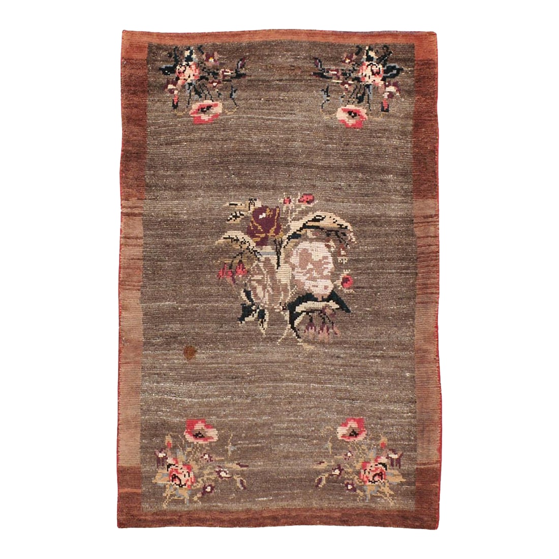 Galerie Shabab Collection Mid-20th Century Turkish Anatolian Throw Rug: This mid-20th century Turkish Anatolian rug, measuring 3' 4" x 5' 1", showcases a striking minimalist composition rooted in village weaving traditions. Set against a deep, variegated brown field,