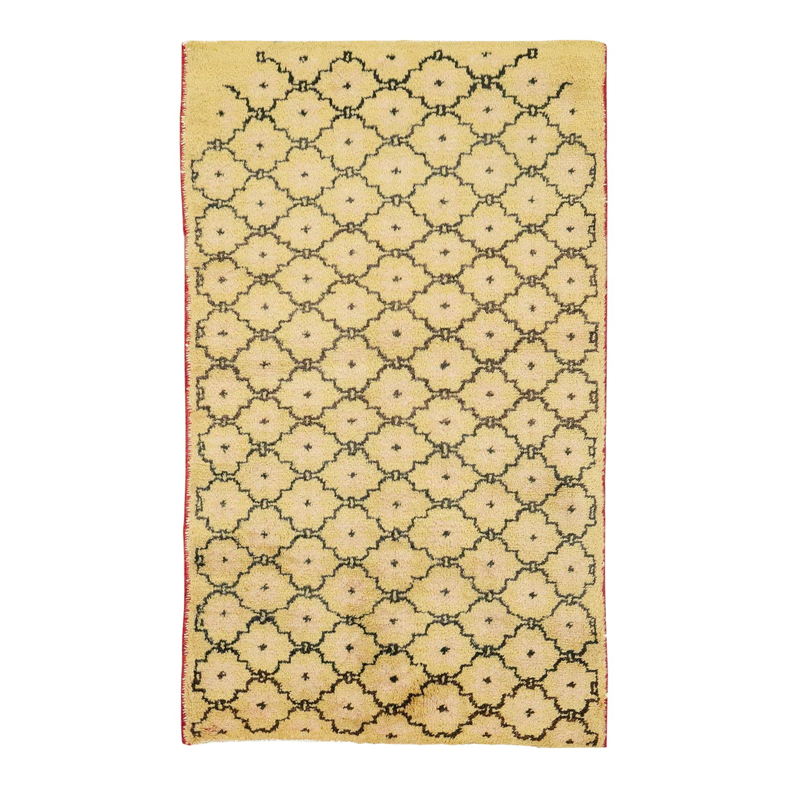 Galerie Shabab Collection Mid-20th Century Turkish Anatolian Throw Rug: A vintage Turkish Anatolian throw rug. The ivory field displays a brown cartouche lattice which starts a bit uncertainly at the lower corners but quickly gains graphic confidence. The lattice is just 