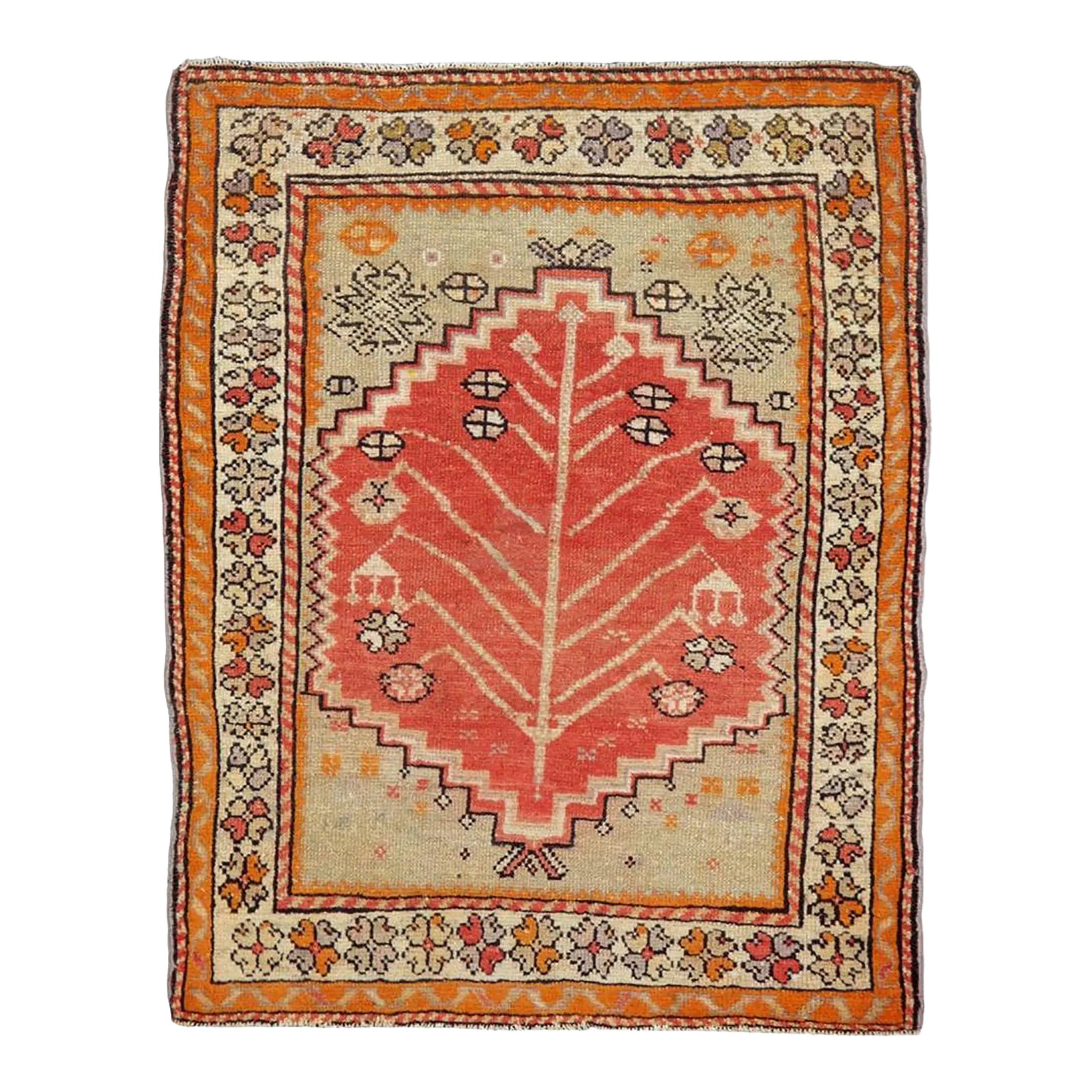 Galerie Shabab Collection Mid-20th Century Turkish Anatolian Throw Rug: A vintage Turkish Anatolian throw rug. From the Bergama area in northwest Turkey, a coral red field displays a vigorous plant with straight stems angling upwards and ending in rosettes or jewelry