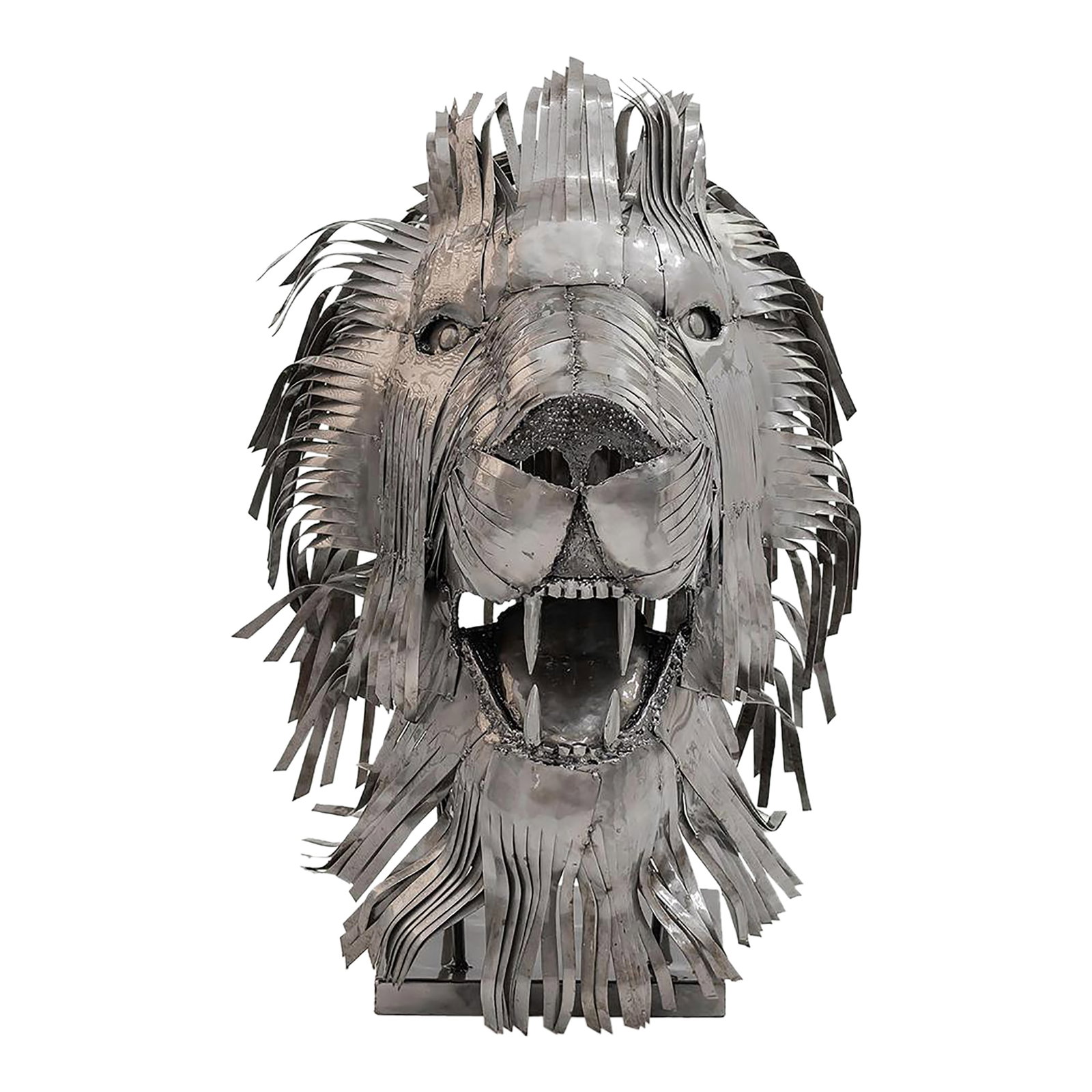 Contemporary Recycled Steel Lion Head Sculpture, Handcrafted, One-of-a-Kind: One-of-a-kind contemporary lion head sculpture handcrafted from recycled steel, featuring a powerful frontal composition built from layered and elongated metal elements. Each strip of metal is individ