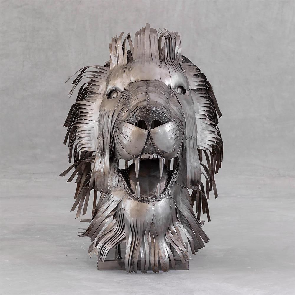 Contemporary Recycled Steel Lion Head Sculpture, Handcrafted, One-of-a-Kind - 2