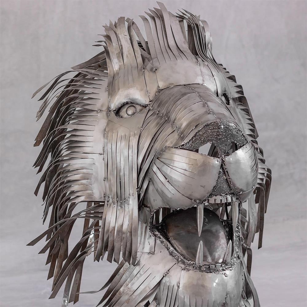 Contemporary Recycled Steel Lion Head Sculpture, Handcrafted, One-of-a-Kind - 3