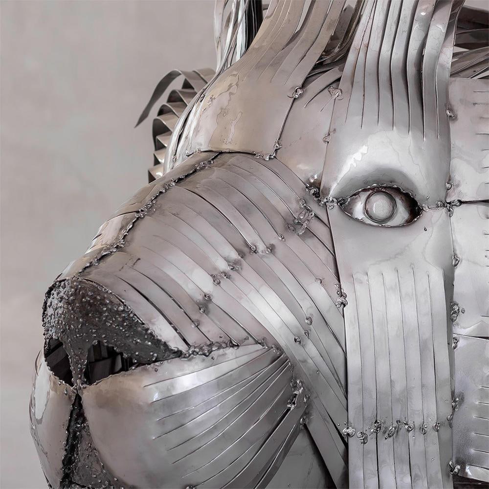 Contemporary Recycled Steel Lion Head Sculpture, Handcrafted, One-of-a-Kind - 4