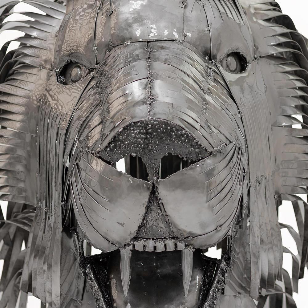 Contemporary Recycled Steel Lion Head Sculpture, Handcrafted, One-of-a-Kind - 6