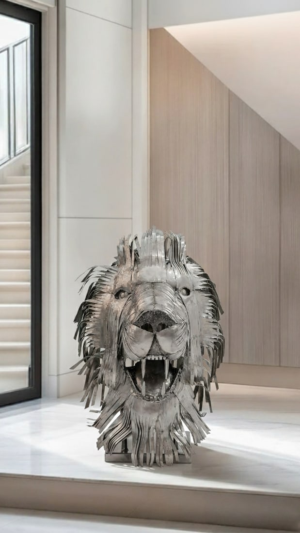 Contemporary Recycled Steel Lion Head Sculpture, Handcrafted, One-of-a-Kind - 7