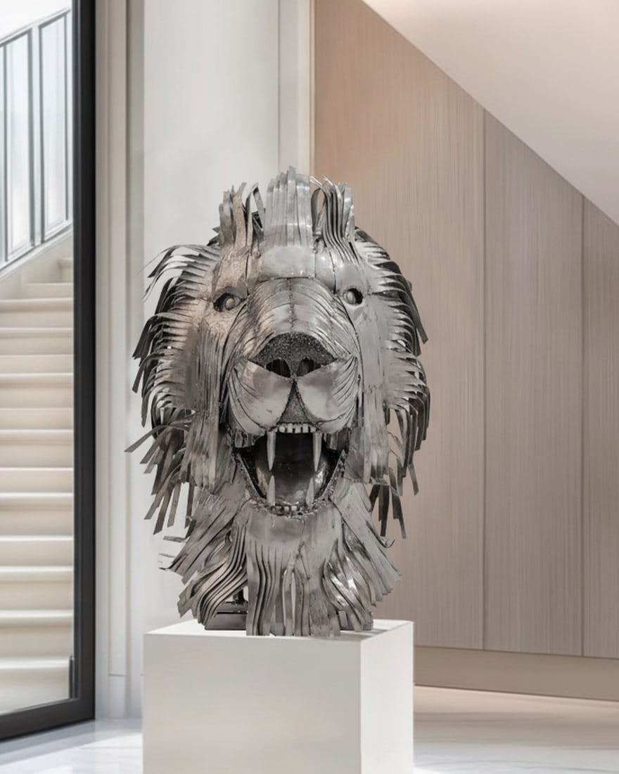 Contemporary Recycled Steel Lion Head Sculpture, Handcrafted, One-of-a-Kind - 9