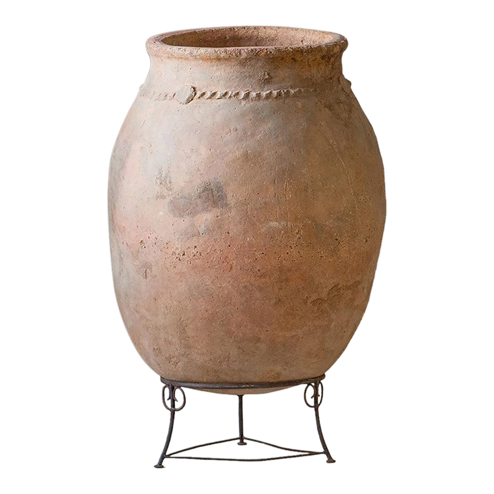 Early 20th Century Antique Berber Unglazed Clay Storage Jar, Morocco: Antique Berber unglazed clay storage jar from Morocco, dating from the early 20th century, with a softly rounded form and a naturally aged surface marked by time and use. Hand-formed from natural