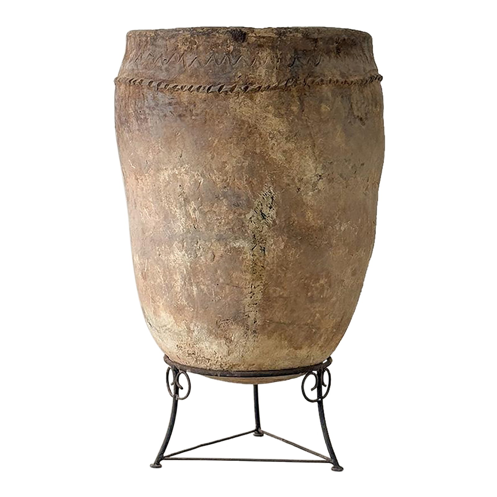 Early 20th Century Berber Antique Unglazed Clay Storage Pot, Morocco: Antique Berber unglazed clay storage pot from Morocco, dating from the early 20th century, with a softly rounded form and a naturally aged surface marked by time and use. Hand-formed from natural