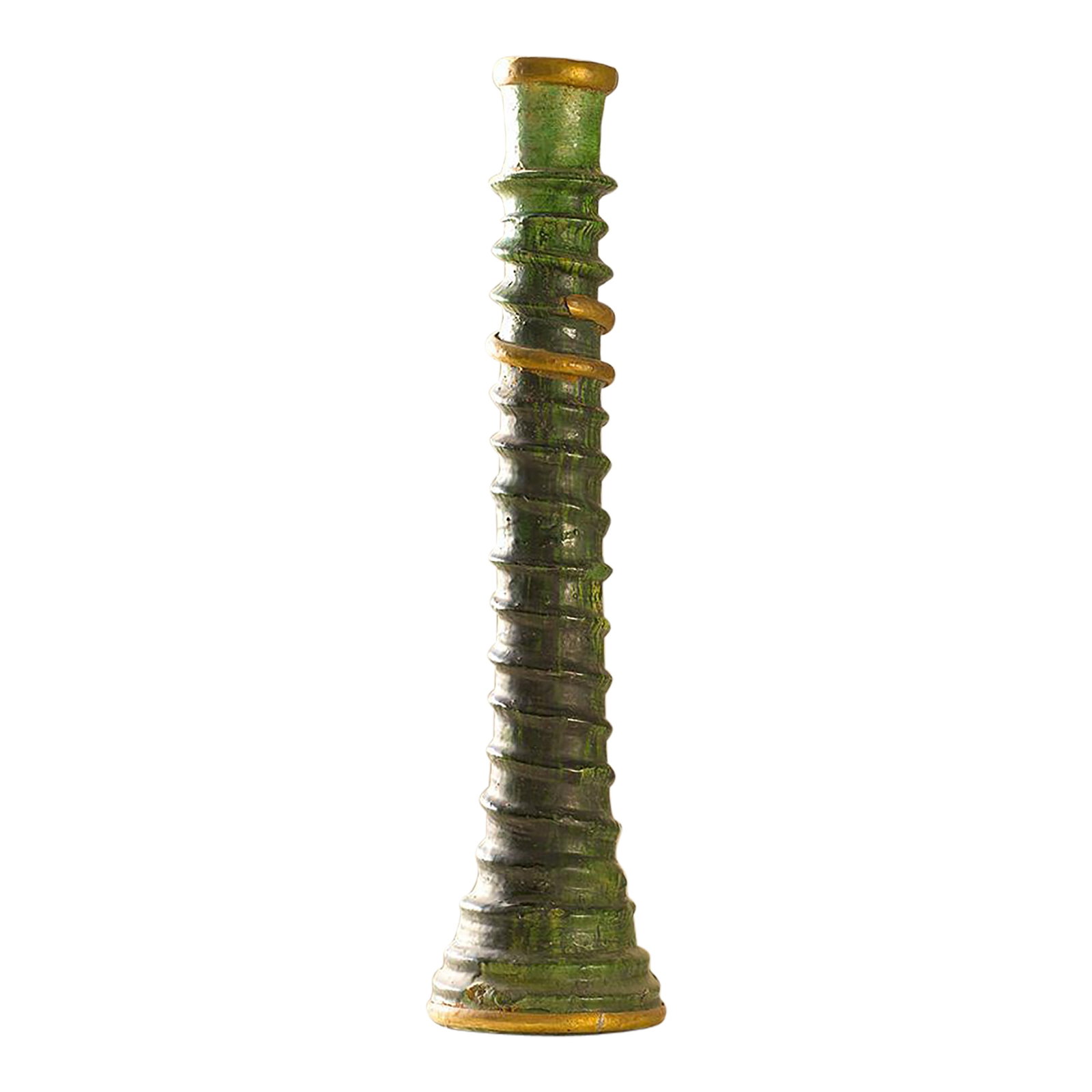 Handmade Tamegroute Green Glazed Ceramic Candlestick With Brass Details: Characterized by a ridged elongated silhouette and a deep green Tamegroute glaze, this handmade ceramic candlestick is accented with brass detailing at the top and base. The contrast between the