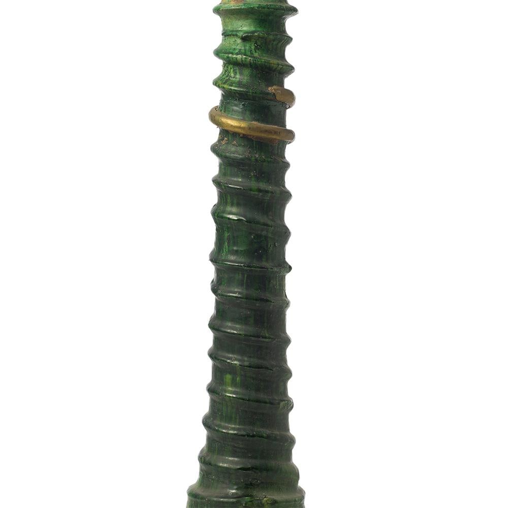Handmade Tamegroute Green Glazed Ceramic Candlestick With Brass Details - 2