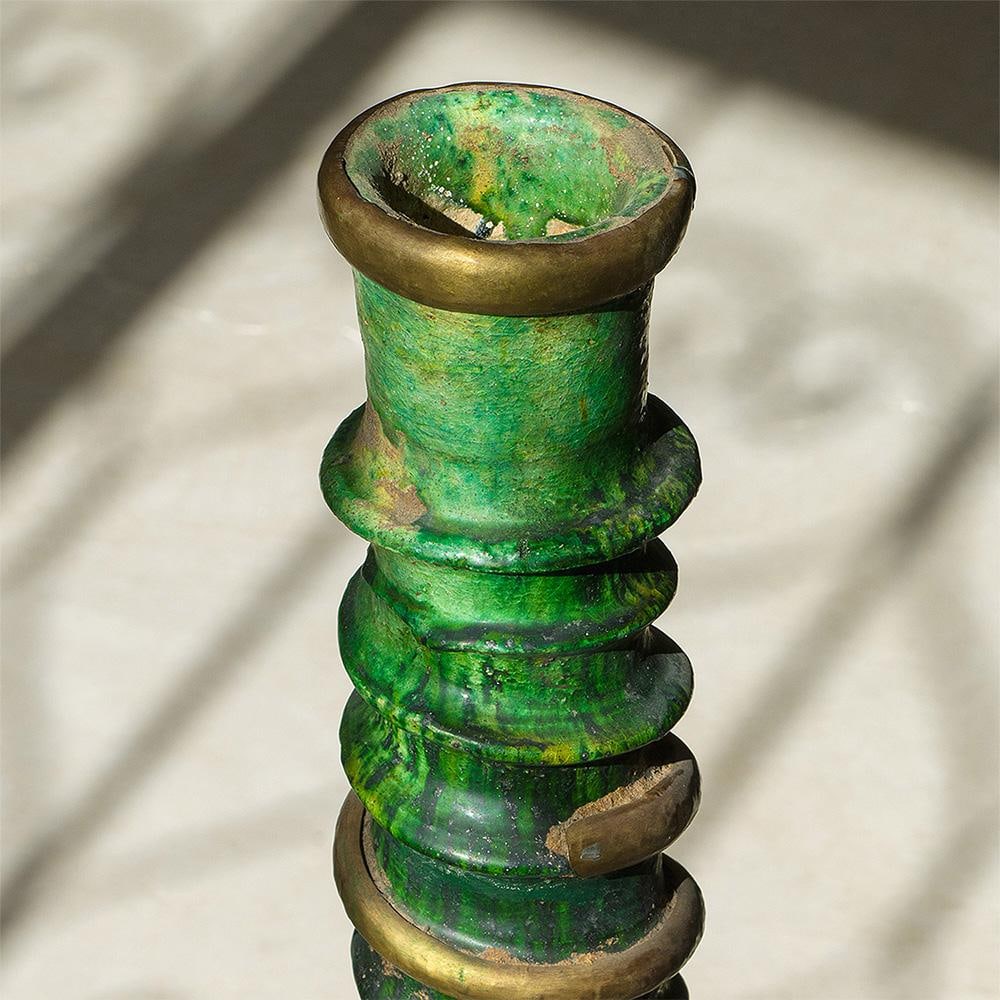 Handmade Tamegroute Green Glazed Ceramic Candlestick With Brass Details - 3