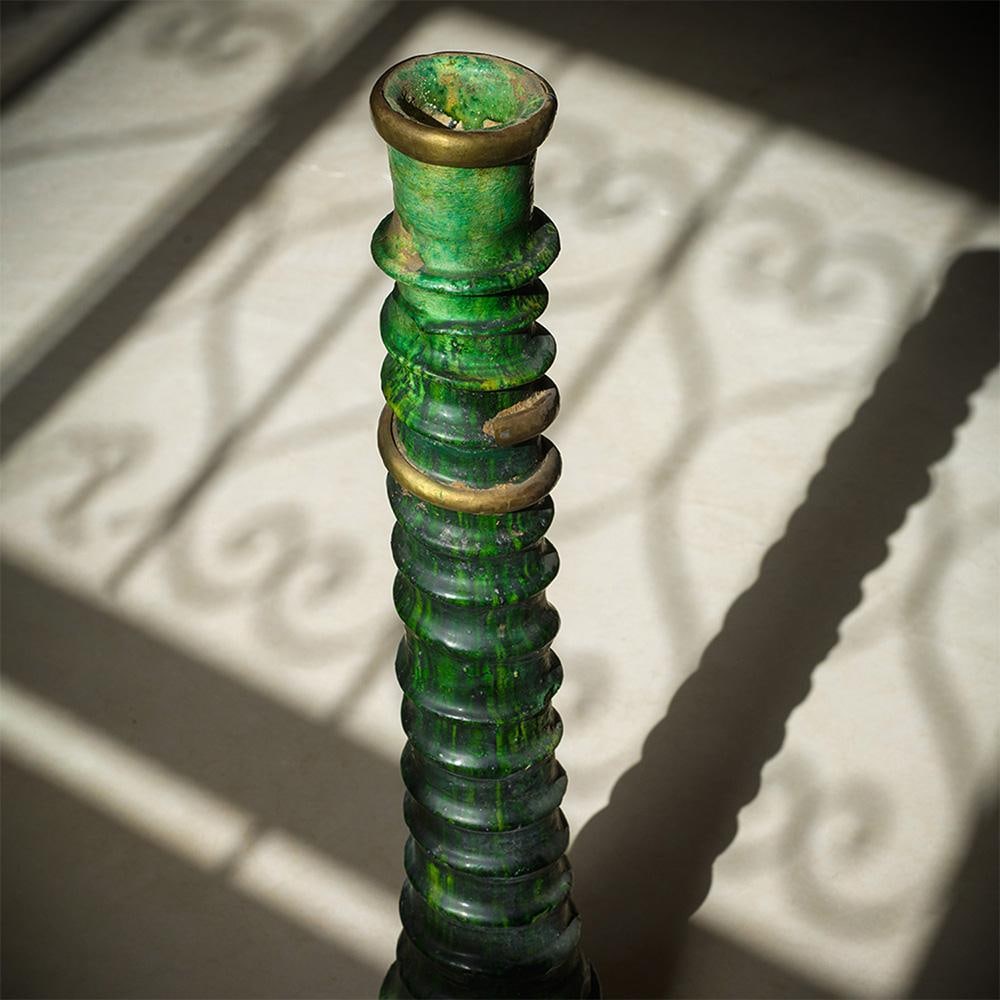 Handmade Tamegroute Green Glazed Ceramic Candlestick With Brass Details - 4