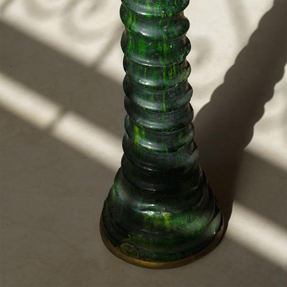 Handmade Tamegroute Green Glazed Ceramic Candlestick With Brass Details - 5