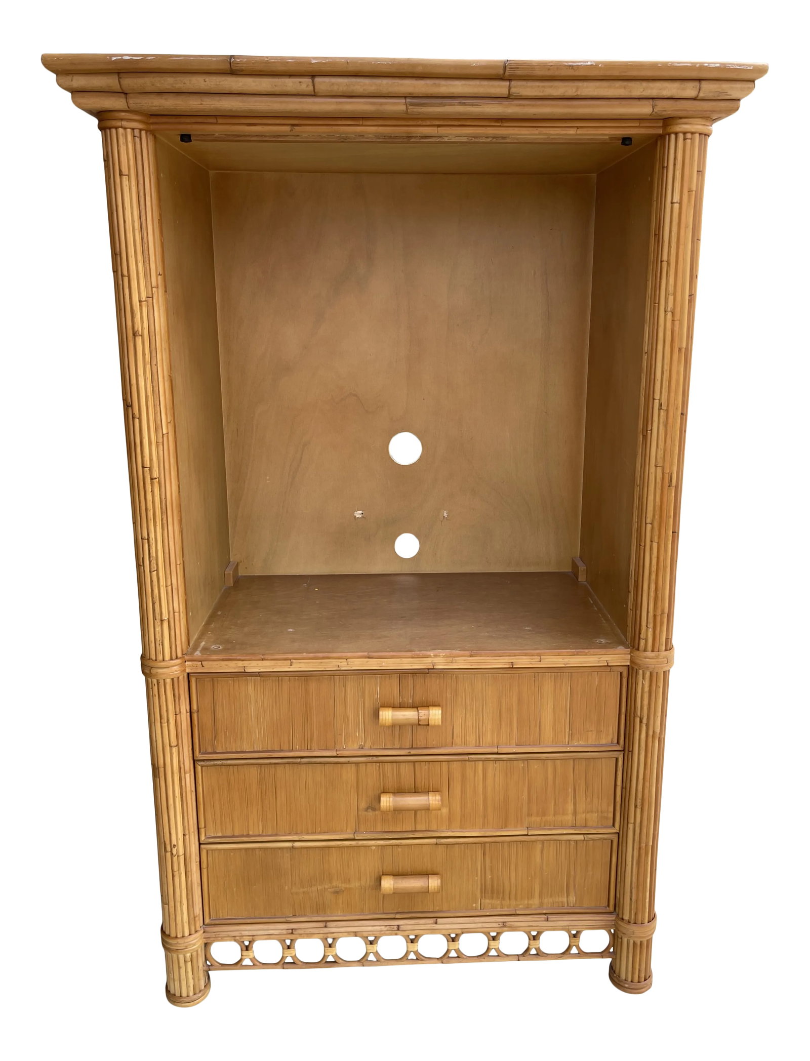 Vintage McGuire Style Boho Chic Armoire: Vintage Split Bamboo McGuire Style Armoire/TV/Bar Cabinet. Has 3 drawer in great condition, with split bamboo thick post with circles at bottom trim. Has no doors, this is how I found it. This has a m