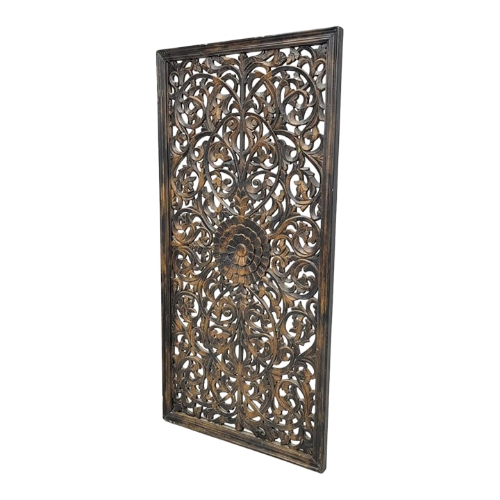Transitional Style Hand Carved Solid Wood 71" Tall Lattice Fretwork Panel in Distressed Black Finish: Dimensions: 35" W x 2" D x 71" H Bring timeless craftsmanship and architectural beauty into your space with this stunning hand-carved lattice panel. Inspired by traditional Indian jaali carving, this
