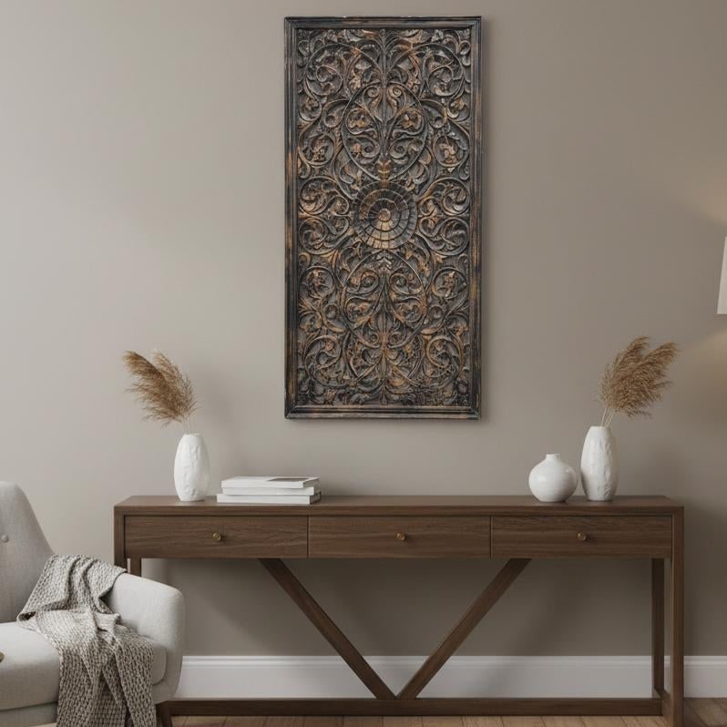 Transitional Style Hand Carved Solid Wood 71" Tall Lattice Fretwork Panel in Distressed Black Finish - 2