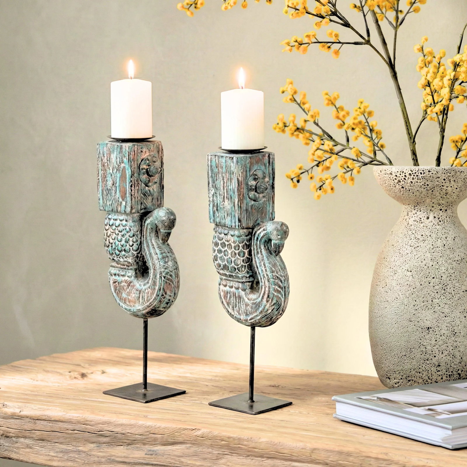 Antique Peacock Carved Corbel Repurposed 22 In. Tall Set of 2 Candle Holders - Pair - 2