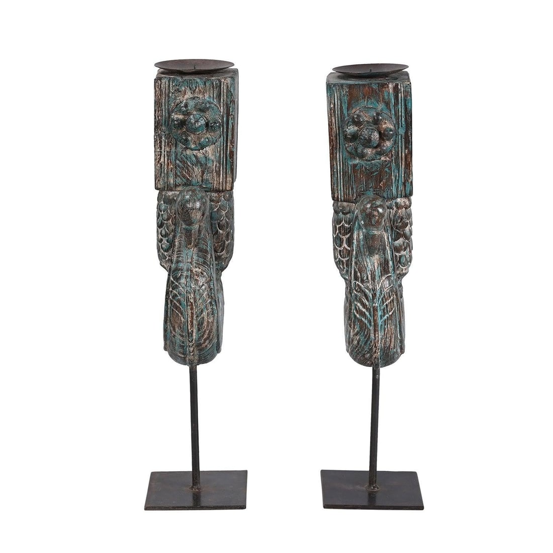 Antique Peacock Carved Corbel Repurposed 22 In. Tall Set of 2 Candle Holders - Pair - 3