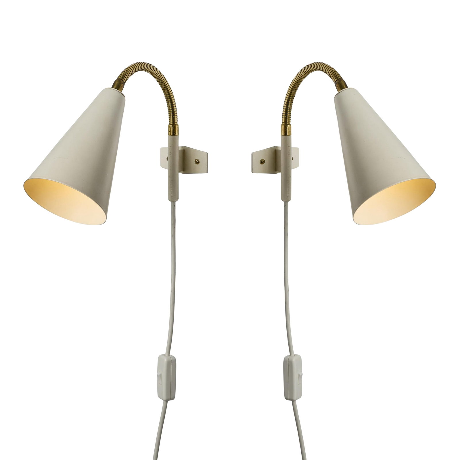 1960s Plug-in White Conical Brass & Metal Wall Lamps Attributed to Hans Agne Jakobsson - a Pair (1 of 17)