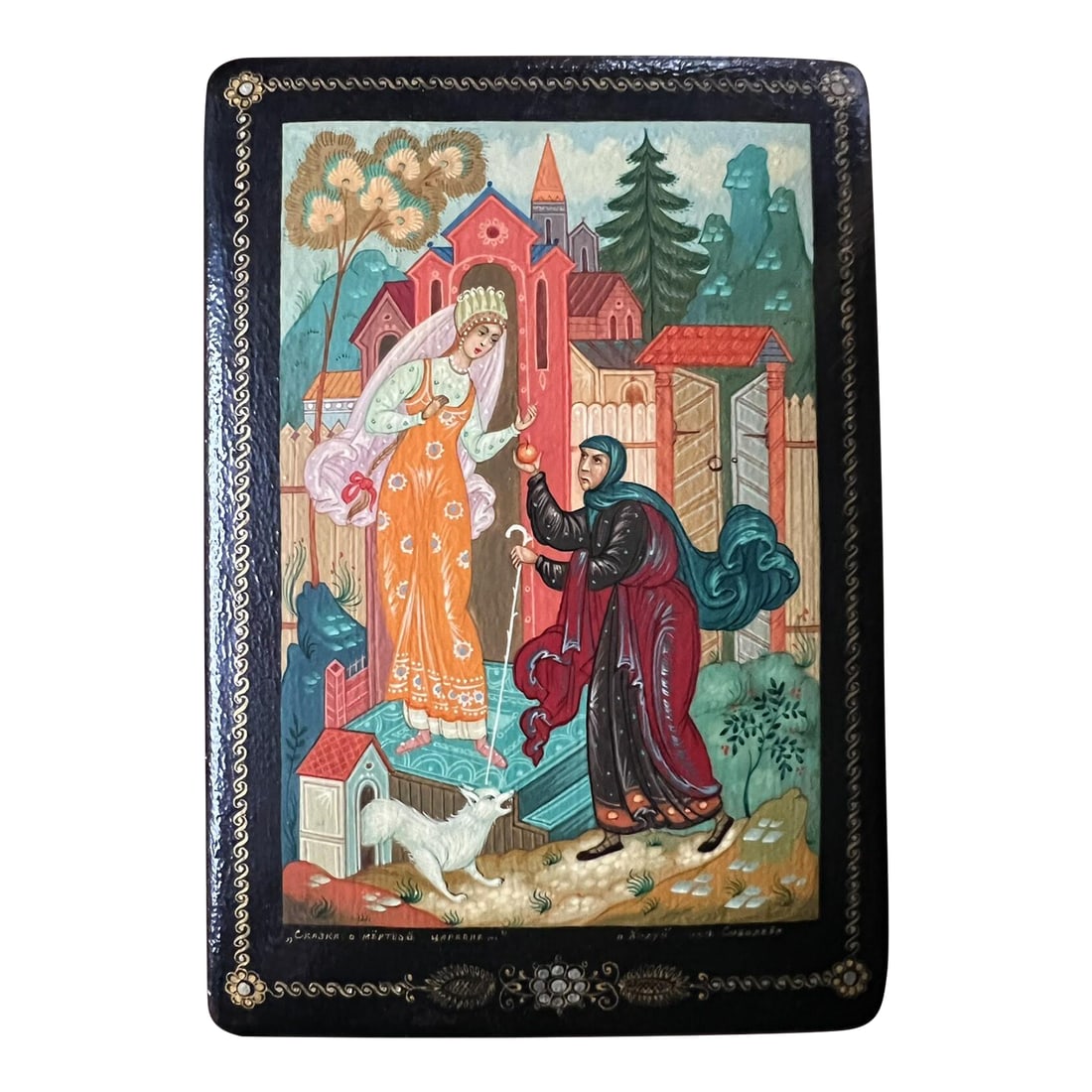 Lacquered Box Snow-White Fairy Tale, Signed: The Russia art of lacquer miniature painting has gained worldwide appreciation, and these small treasures are highly sought after by collectors. This box is of a very of high quality. Signed.