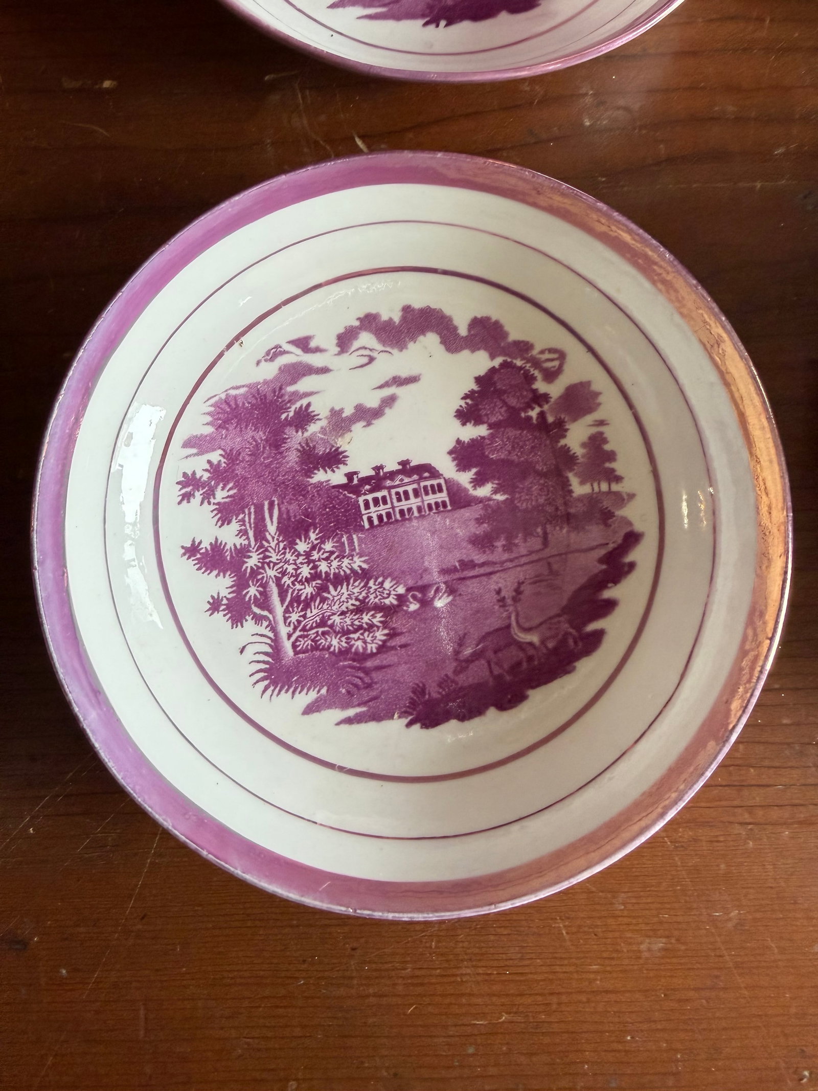 1805 Rare Antique Set of Four Pink Lustre and Bat Printed Pearlware Handled Cups and Saucers, Attrib - 16