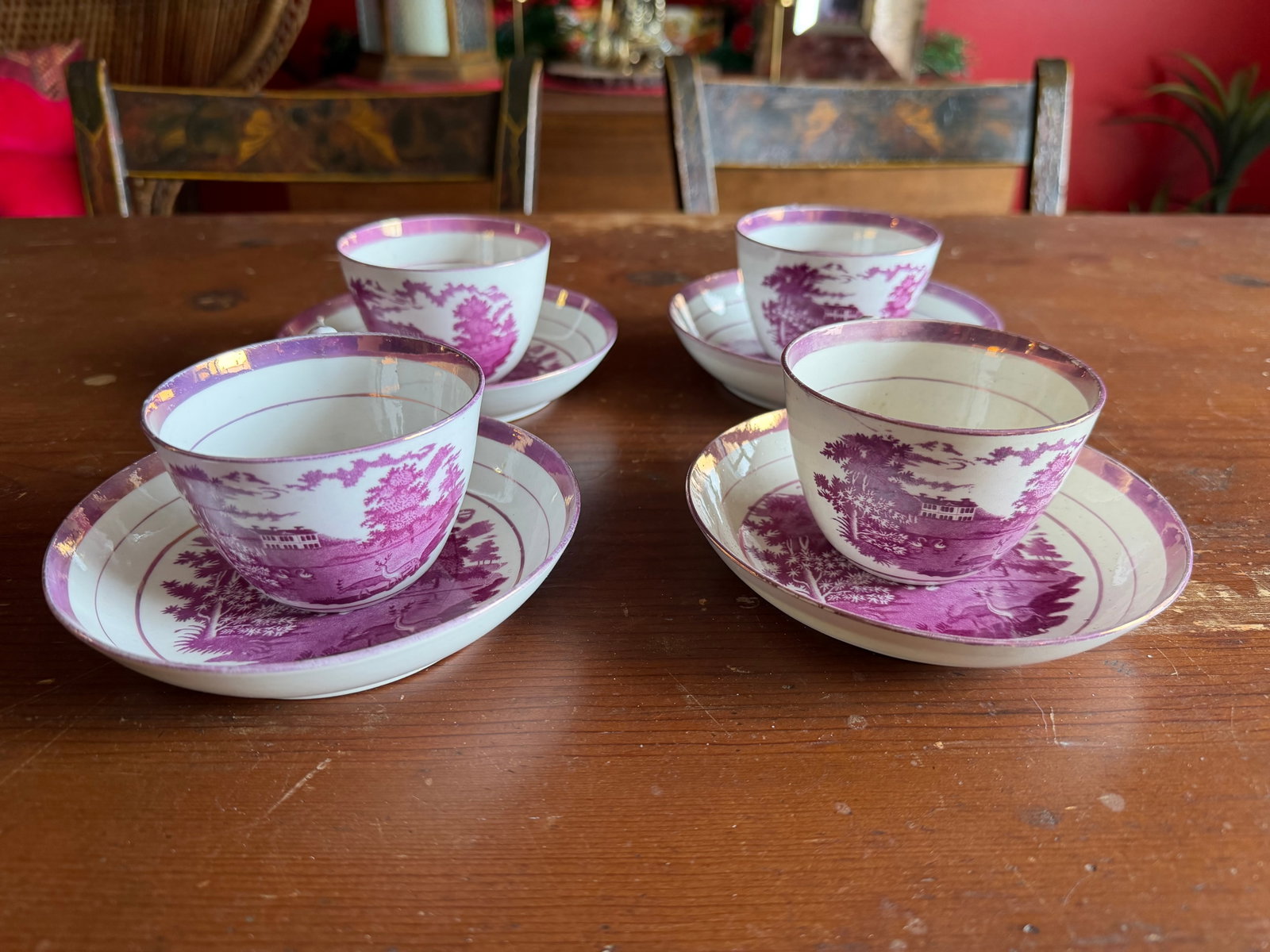 1805 Rare Antique Set of Four Pink Lustre and Bat Printed Pearlware Handled Cups and Saucers, Attrib - 17