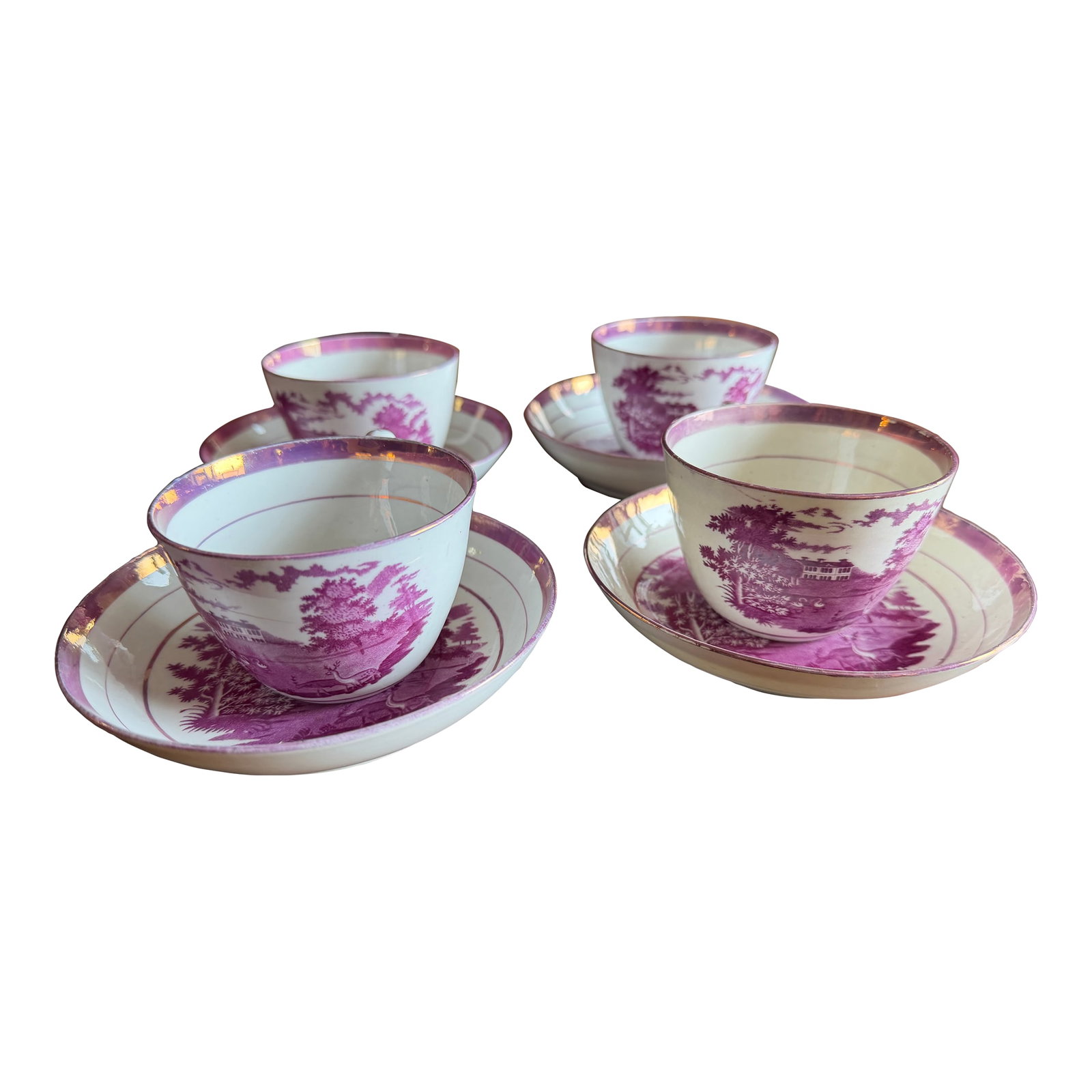 1805 Rare Antique Set of Four Pink Lustre and Bat Printed Pearlware Handled Cups and Saucers, Attrib: Rare Antique Set of Four Pink Lustre and Bat Printed Pearlware Handled Cups and Saucers, Attributed to Thomas Wolfe, Circa 1805 An exceptionally rare and thoroughly distinguished set of four early