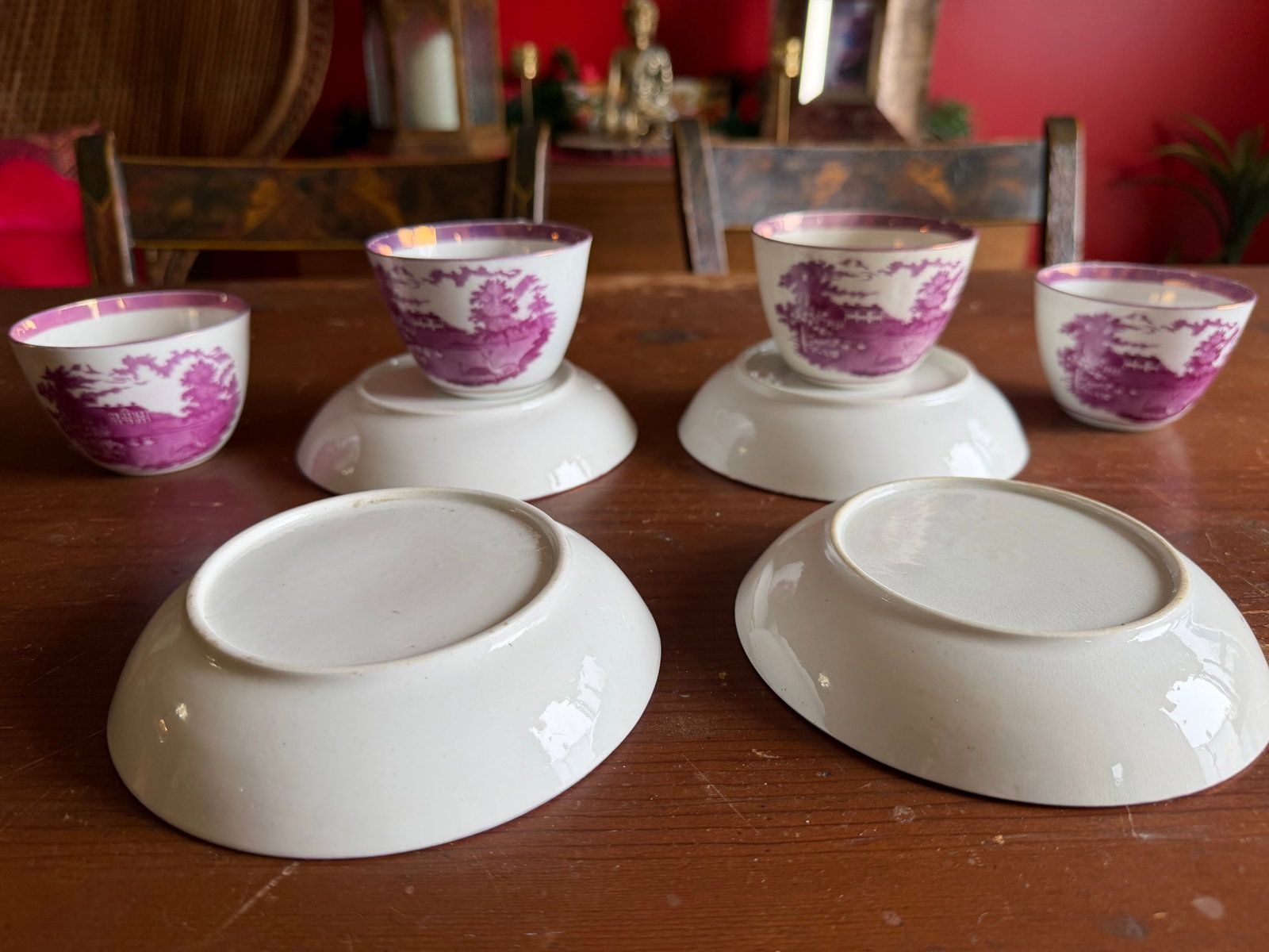 1805 Rare Antique Set of Four Pink Lustre and Bat Printed Pearlware Handled Cups and Saucers, Attrib - 2