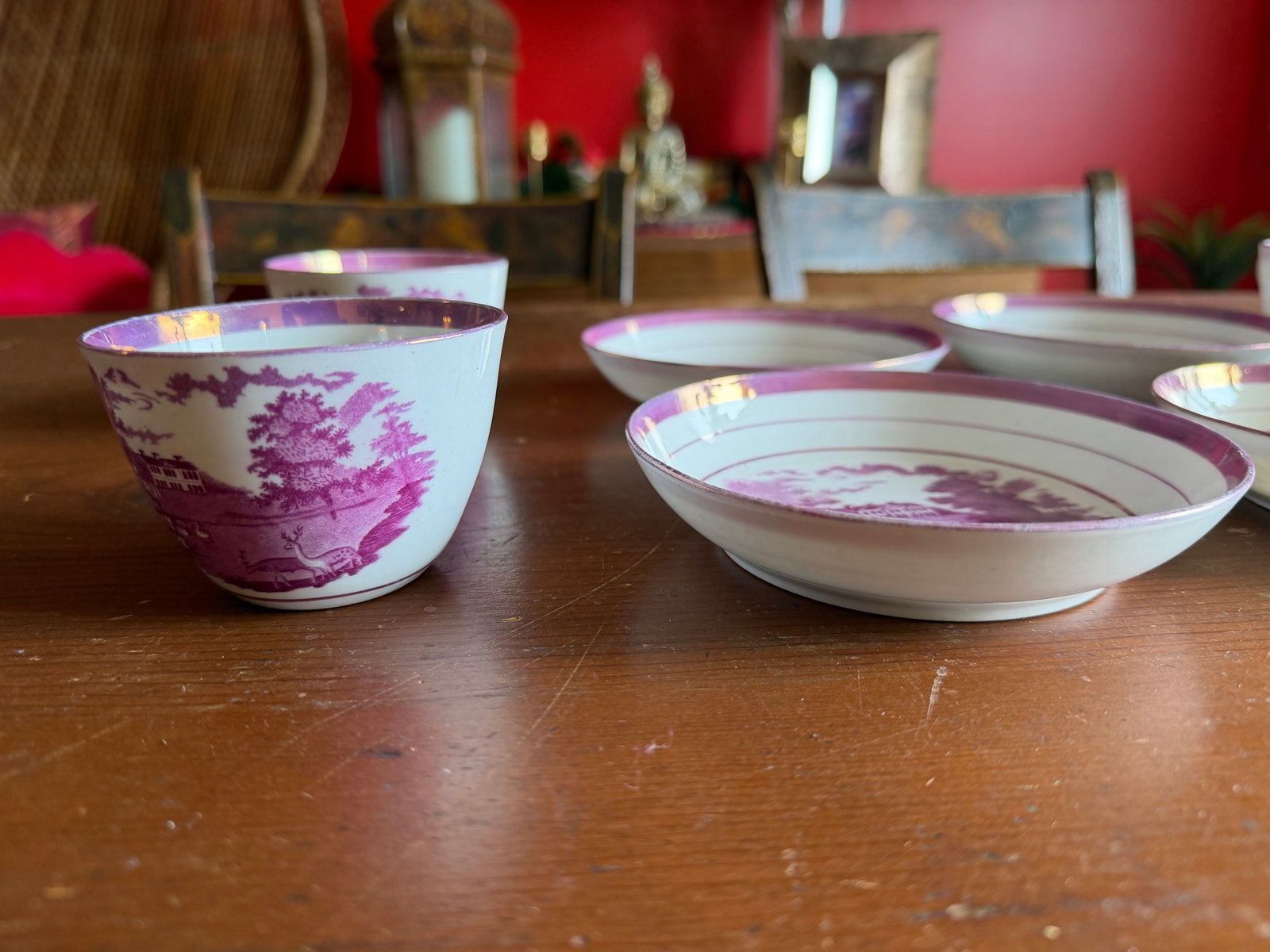 1805 Rare Antique Set of Four Pink Lustre and Bat Printed Pearlware Handled Cups and Saucers, Attrib - 3