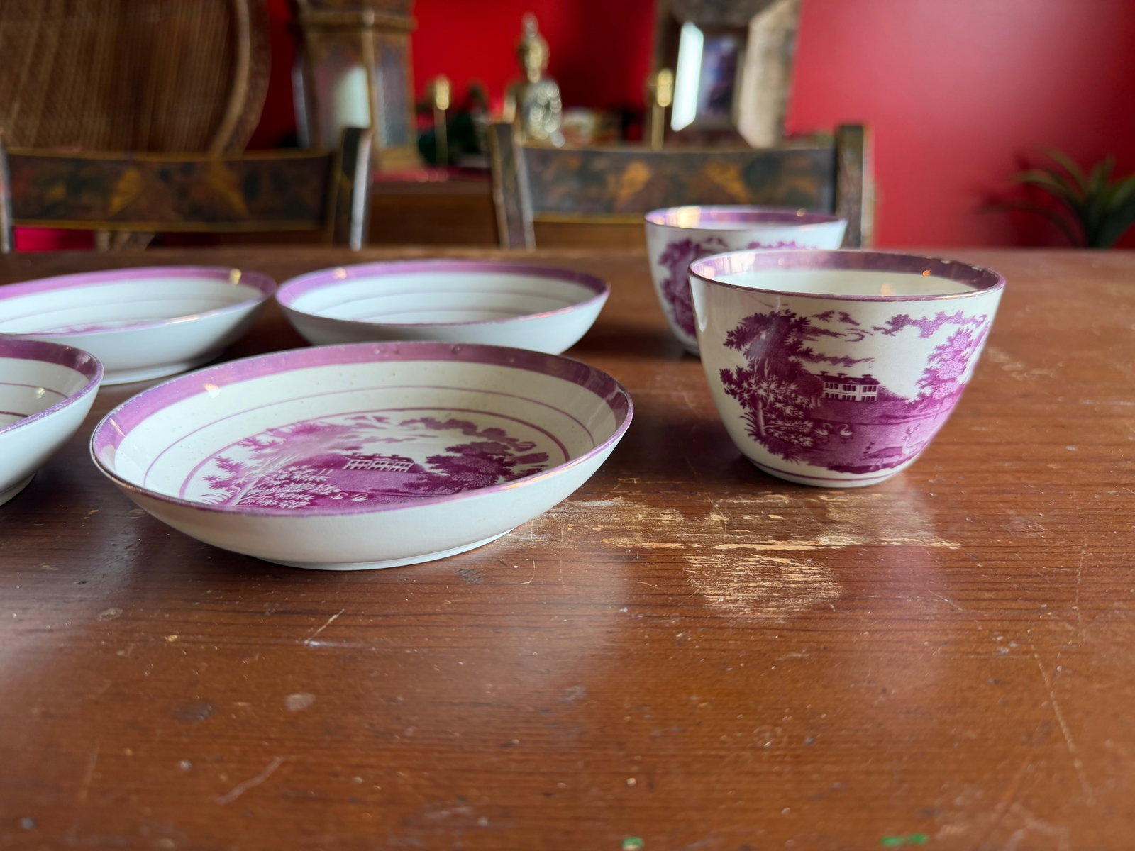 1805 Rare Antique Set of Four Pink Lustre and Bat Printed Pearlware Handled Cups and Saucers, Attrib - 4