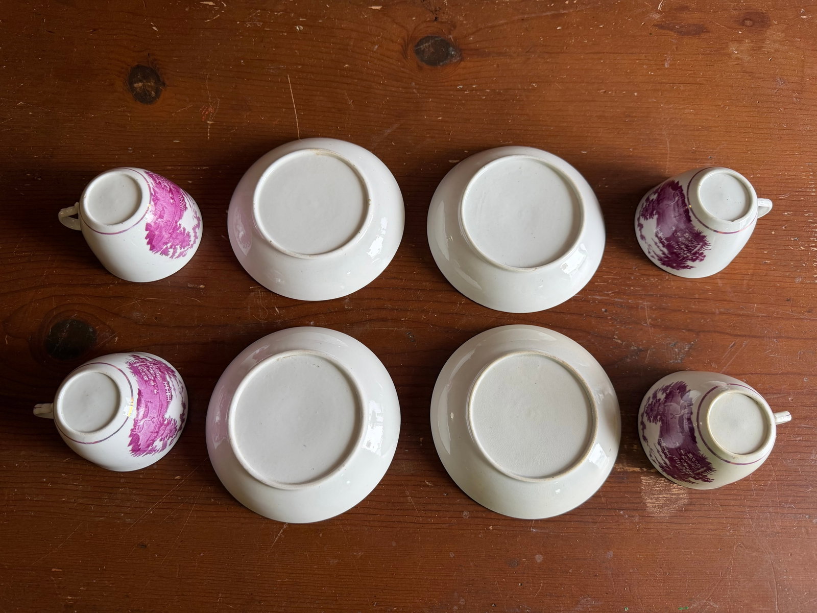1805 Rare Antique Set of Four Pink Lustre and Bat Printed Pearlware Handled Cups and Saucers, Attrib - 5