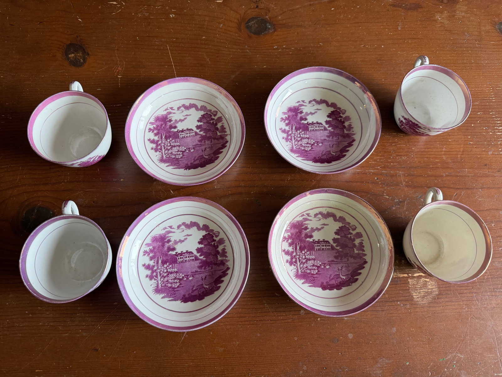 1805 Rare Antique Set of Four Pink Lustre and Bat Printed Pearlware Handled Cups and Saucers, Attrib - 6
